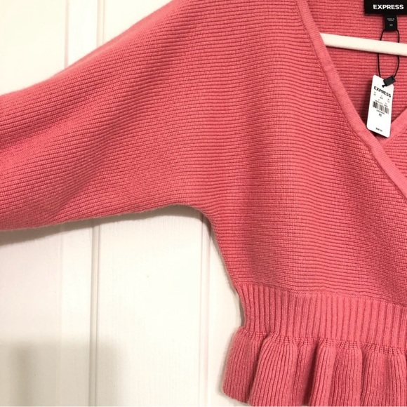 Express Ribbed V-Neck Wrap Peplum Sweater - Picture 3 of 8